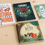 Libros con lomo encolado, lomo grapado y lomo espiral, con diseños de portada creativos encima de una mesa