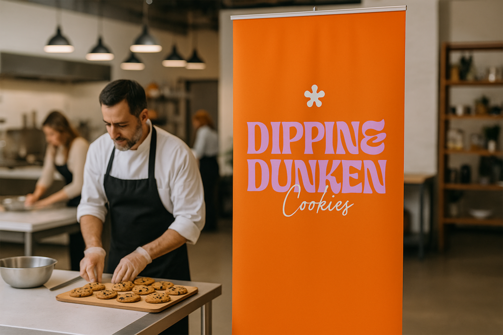 Un chef con delantal negro coloca galletas con chispas de chocolate en una tabla, junto a un cartel naranja brillante con el texto 'Dippin & Dunken Cookies' en letras moradas y blancas, en una cocina profesional