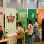 Personas visitan una feria de productos naturales y cosmética, donde varios stands presentan roll-ups impresos personalizados con los logotipos de diferentes marcas.