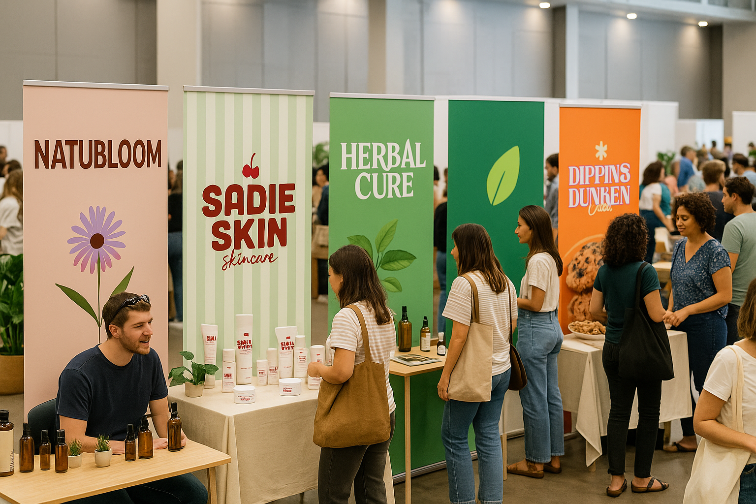 Personas visitan una feria de productos naturales y cosmética, donde varios stands presentan roll-ups impresos personalizados con los logotipos de diferentes marcas.