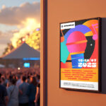 Cartel de pared personalizado para evento de música con las personas participando en el evento de fondo.