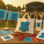 Merchandasing con logo personalizado y un festival con un escenario y gente bailando de fondo