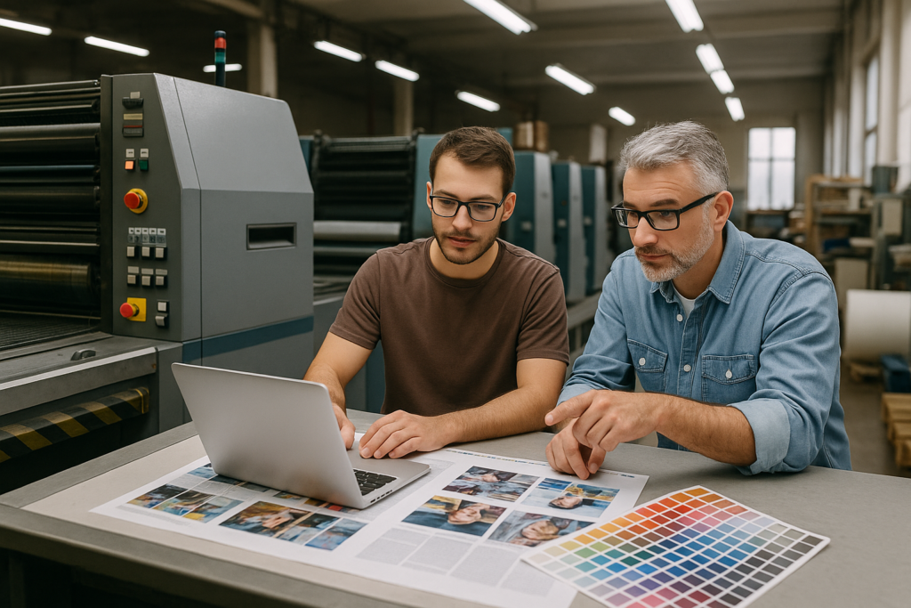 Productos personalizados para revendedores Diseñadores gráficos revisando pruebas de impresión y carta de color en una imprenta profesional con maquinaria offset