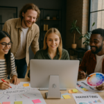 Equipo creativo de una agencia de comunicación trabajando en estrategias de marketing y diseño de productos personalizados frente a un ordenador