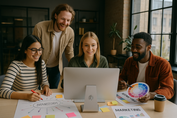 Equipo creativo de una agencia de comunicación trabajando en estrategias de marketing y diseño de productos personalizados frente a un ordenador