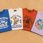 Cuatro camisetas personalizadas dobladas sobre fondo beige, con diseños gráficos de restaurante, skate, CrossFit y playa