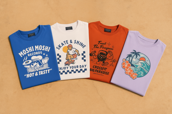 Cuatro camisetas personalizadas dobladas sobre fondo beige, con diseños gráficos de restaurante, skate, CrossFit y playa