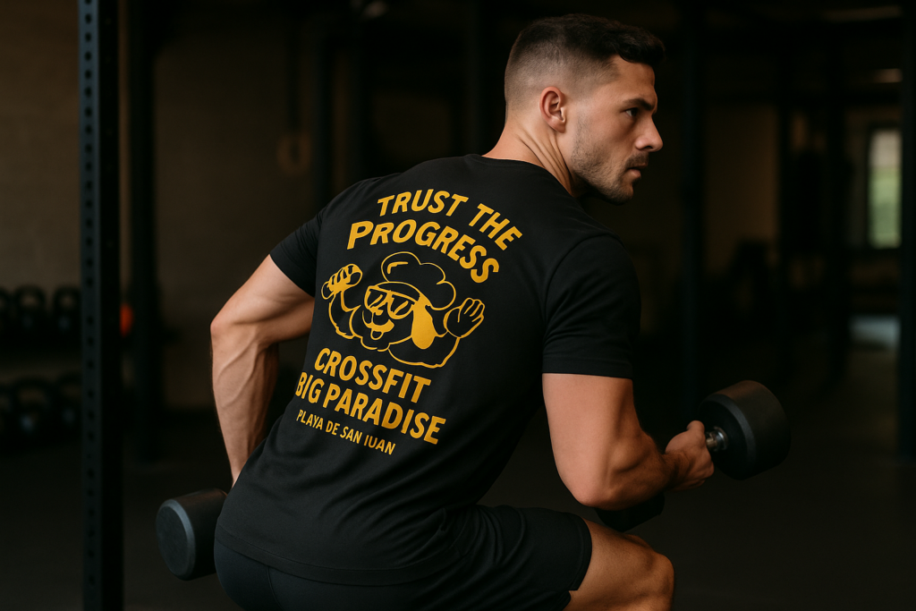 Impresión de camisetas personalizadas online Hombre entrenando con pesas en un gimnasio mientras lleva una camiseta personalizada negra con diseño CrossFit Big Paradise