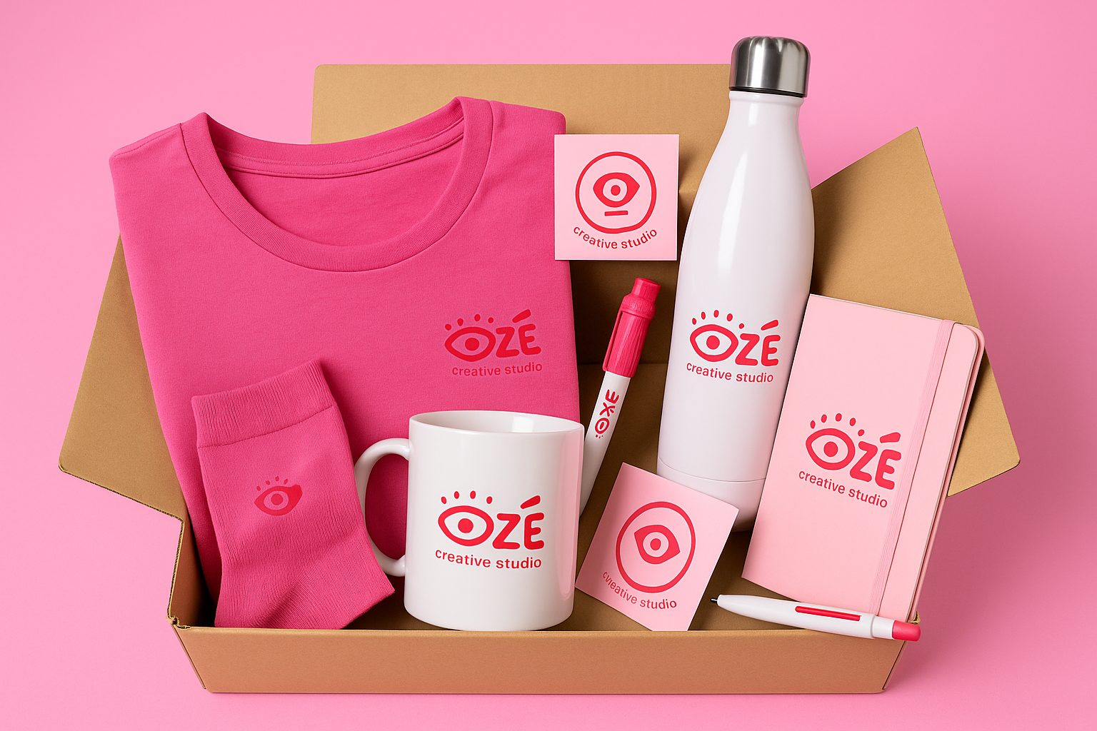 Pack de productos promocionales personalizados con logotipo de Ozé Creative Studio, incluyendo camiseta, calcetines, taza, libreta, bolígrafo, pegatinas y botella, sobre fondo rosa.
