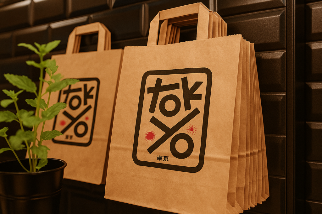 Bolsa kraft personalizada con asas, impresa con un diseño gráfico moderno de la palabra “Tokyo” en negro y rojo, colgada en una pared de azulejos negros.