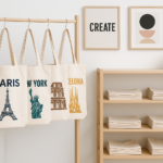 Tote bags personalizadas colgadas en un perchero, con diseños gráficos de monumentos de París, Nueva York, Roma y Barcelona
