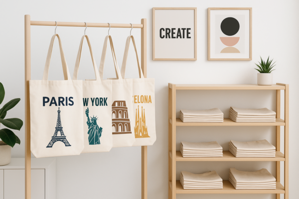 Tote bags personalizadas colgadas en un perchero, con diseños gráficos de monumentos de París, Nueva York, Roma y Barcelona