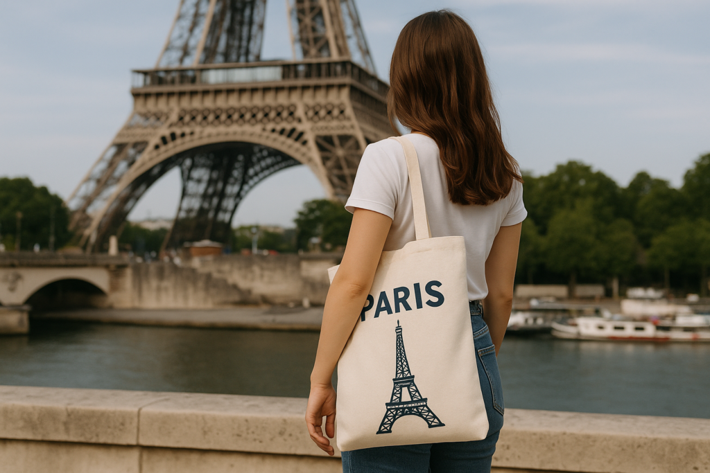 Mujer de espaldas con tote bag personalizada de París mirando la Torre Eiffel desde el Sena