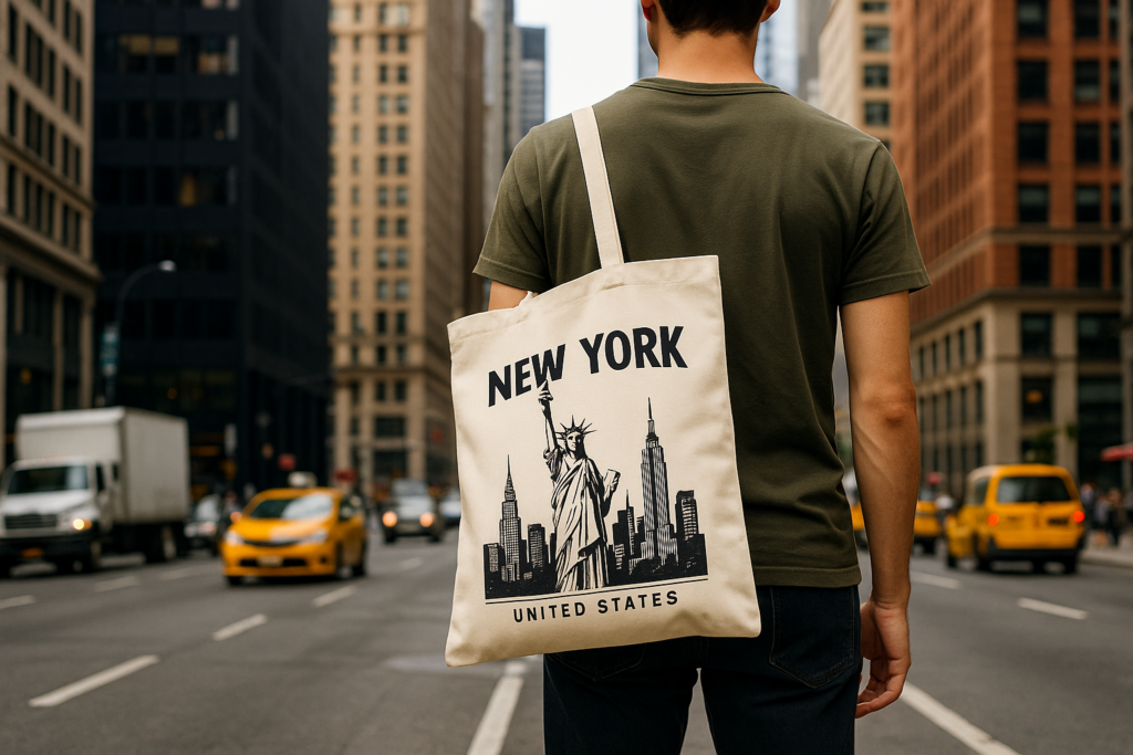 Chico de espaldas caminando por una calle de Nueva York con una tote bag personalizada con la Estatua de la Libertad