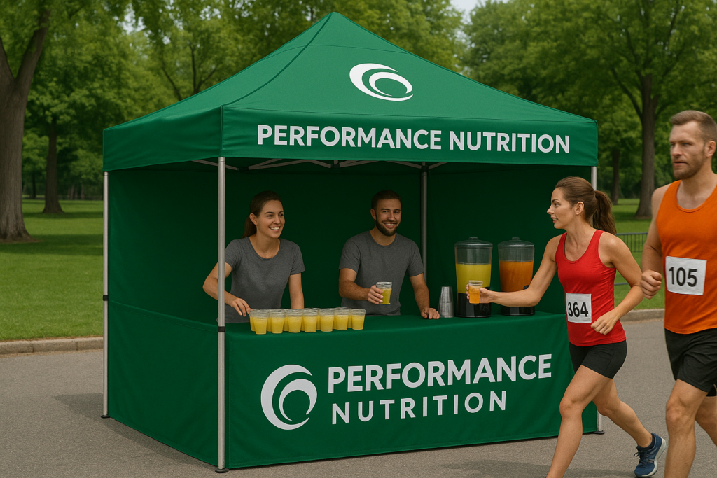 Carpas personalizadas para eventos deportivos: visibilidad de marca y funcionalidad en acción Carpa personalizada verde con logotipo de marca usada como punto de avituallamiento en una carrera deportiva al aire libre