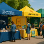 Stands editoriales al aire libre con carpas personalizadas de colores y logotipos, utilizadas para promocionar libros en una feria profesional.