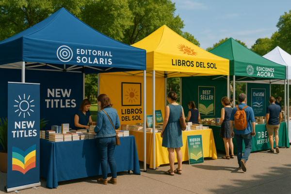 Stands editoriales al aire libre con carpas personalizadas de colores y logotipos, utilizadas para promocionar libros en una feria profesional.
