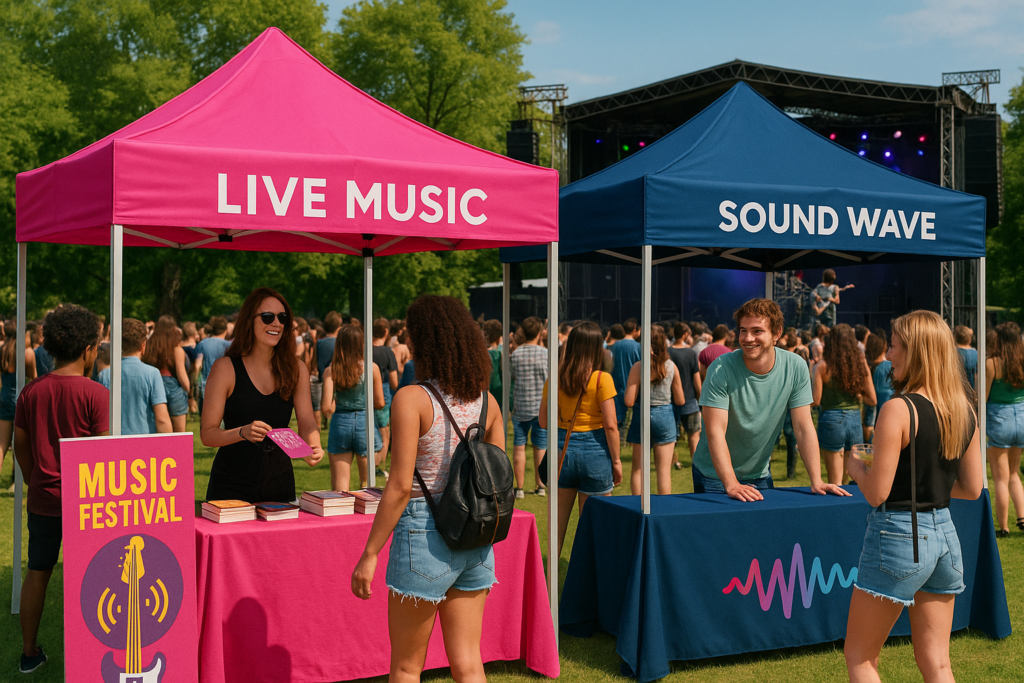 Carpas personalizadas para festivales de música: presencia de marca vibrante y profesional Carpas personalizadas en un festival de música al aire libre, con diseños coloridos y logotipos impresos para promocionar marcas musicales.