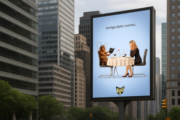Cartel de publicidad exterior de Raid con una escena humorística de una mujer cenando con una cucaracha, acompañado del mensaje “Amiga date cuenta”.
