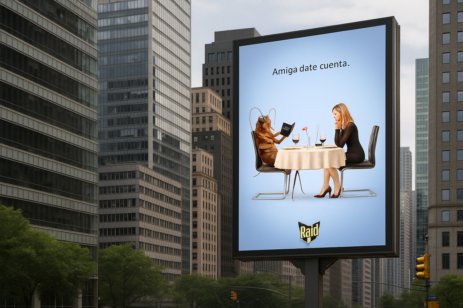 Cartel de publicidad exterior de Raid con una escena humorística de una mujer cenando con una cucaracha, acompañado del mensaje “Amiga date cuenta”.