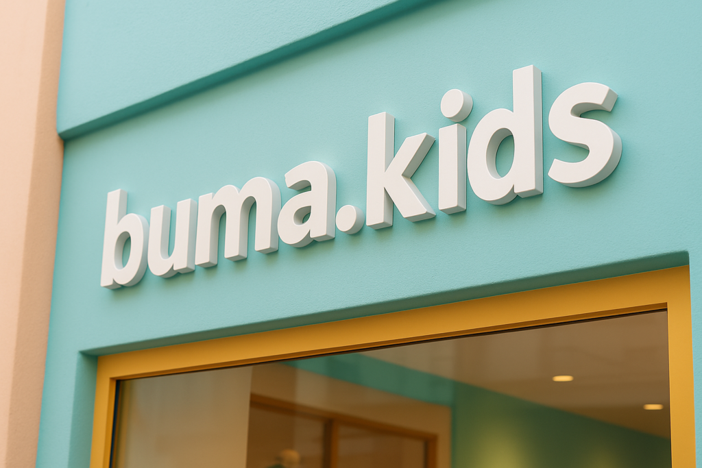 Rótulo en letras corpóreas blancas con el nombre “buma.kids” instalado en la fachada turquesa de una tienda infantil.