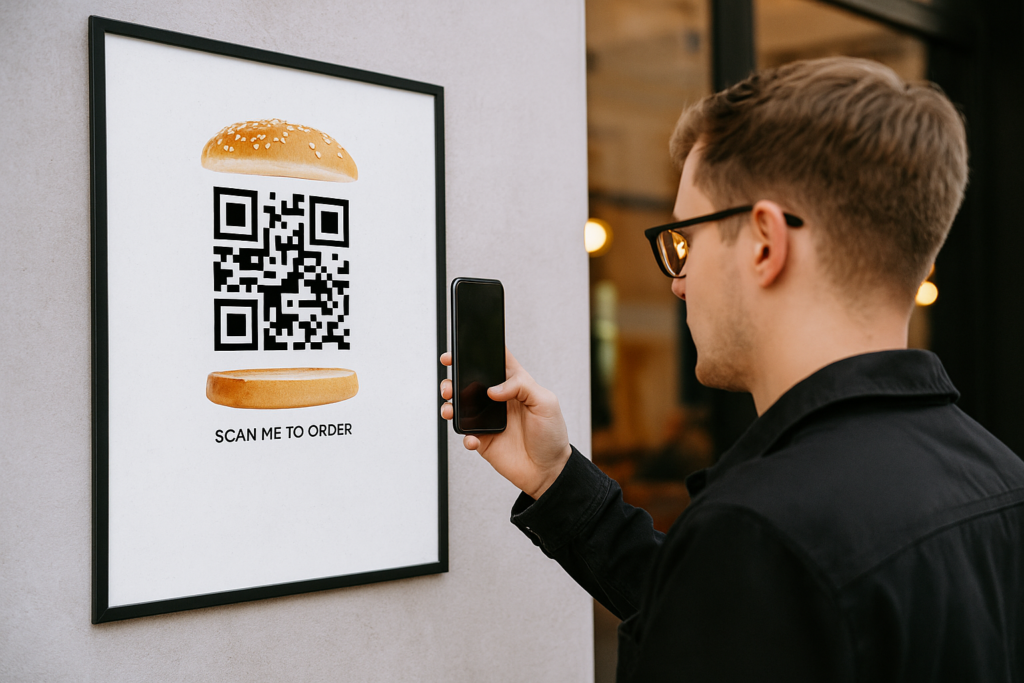 Cartel de publicidad exterior con diseño creativo de hamburguesa y código QR, escaneado por un hombre con su móvil.