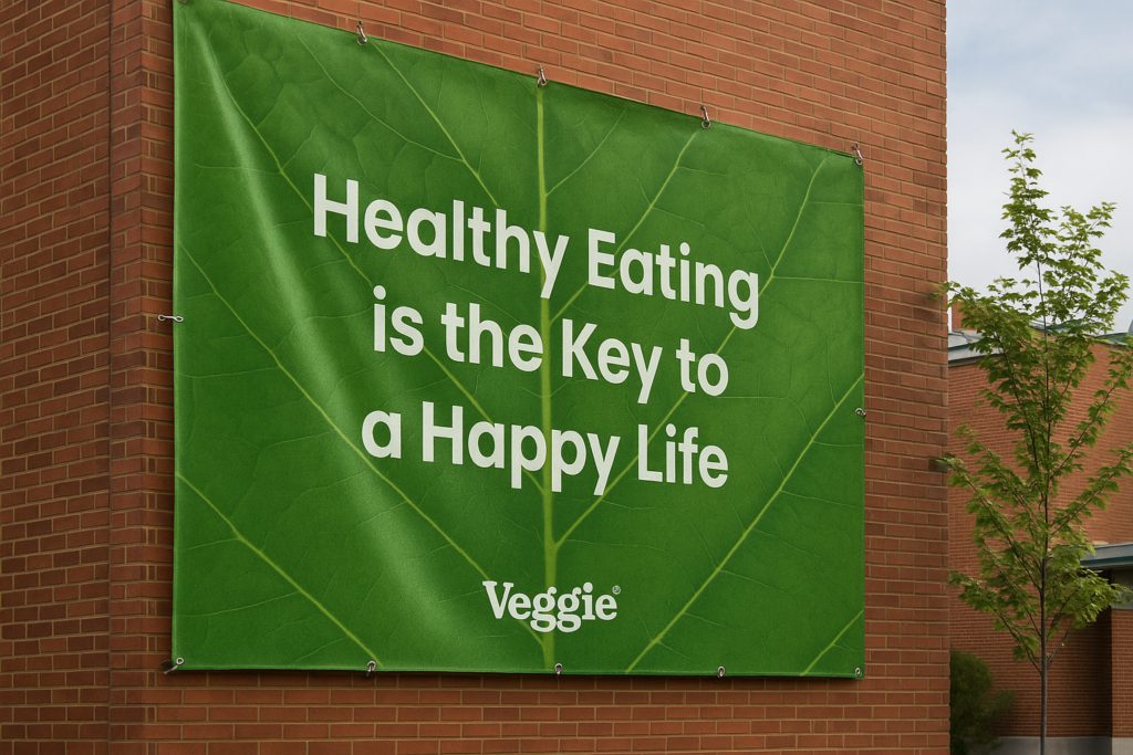Lona de publicidad exterior ecológica con mensaje sobre alimentación saludable y logotipo de Veggie®, colocada en la fachada de un edificio de ladrillo.