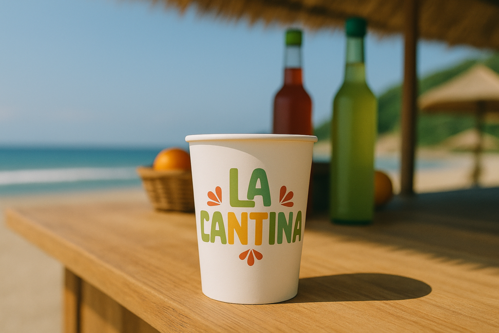 vasos-reutilizables-personalizados Vaso reutilizable con el logotipo “La Cantina” sobre una barra de madera junto al mar, con bebidas y frutas de fondo