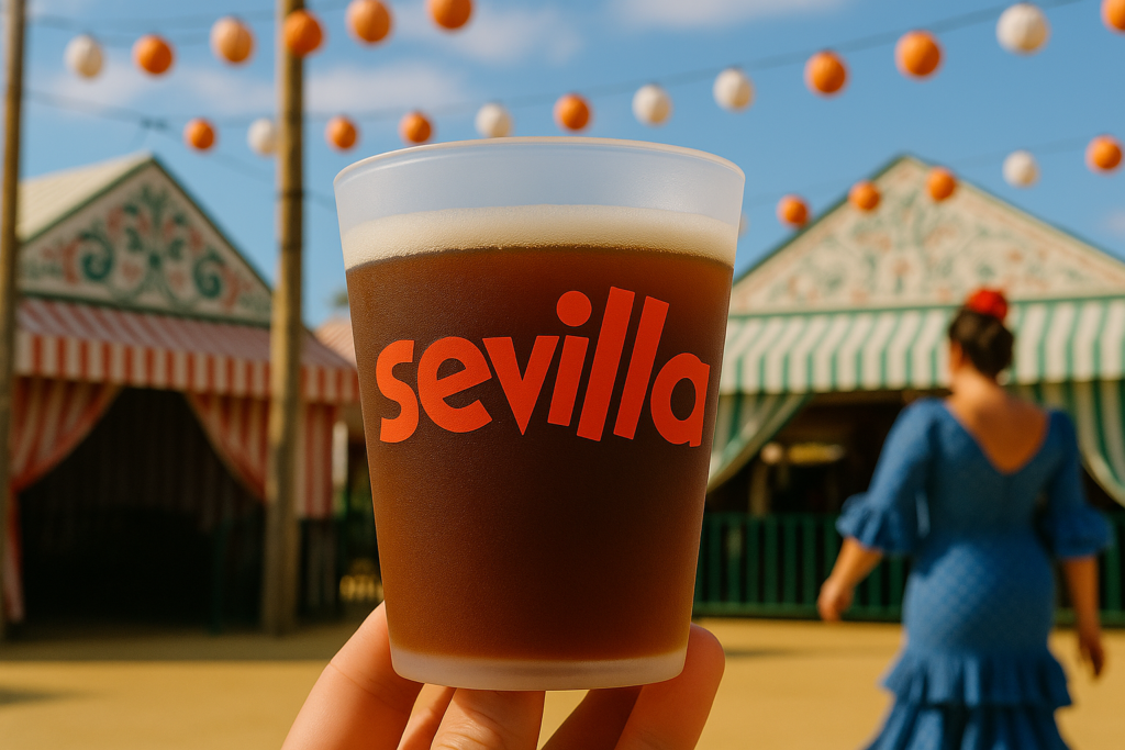 impresion-vasos-personaliados Primer plano de un vaso reutilizable con la palabra “Sevilla” en rojo, sostenido frente a una caseta de feria andaluza con farolillos y una mujer con traje de flamenca al fondo.