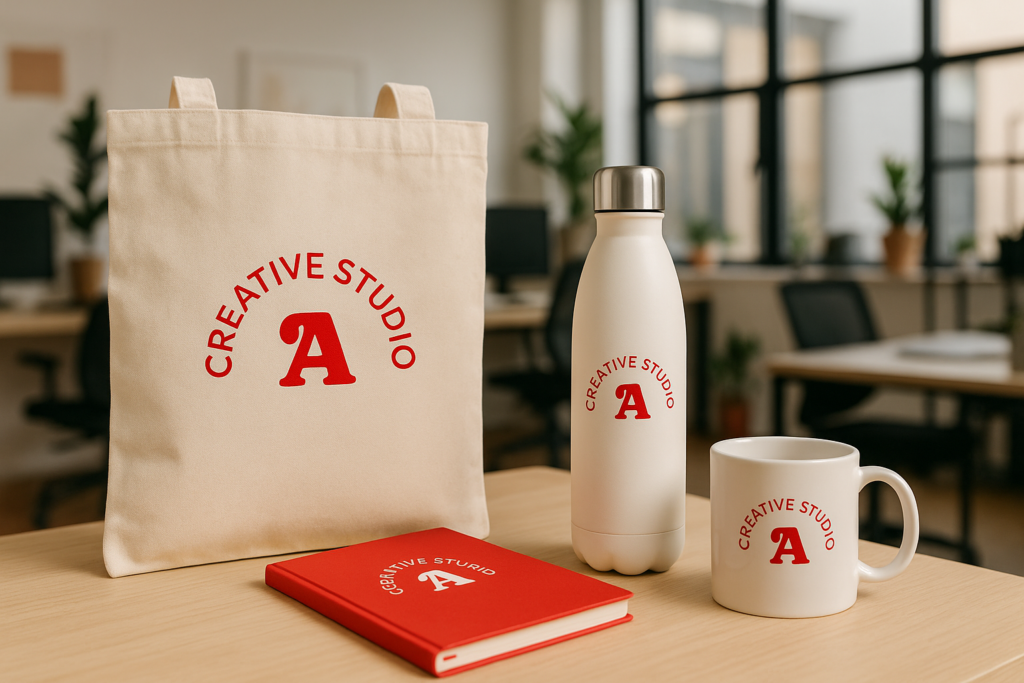 Impresion objetos personalizados Kit de objetos personalizados con logo en oficina creativa: tote bag, botella, libreta y taza con branding corporativo.
