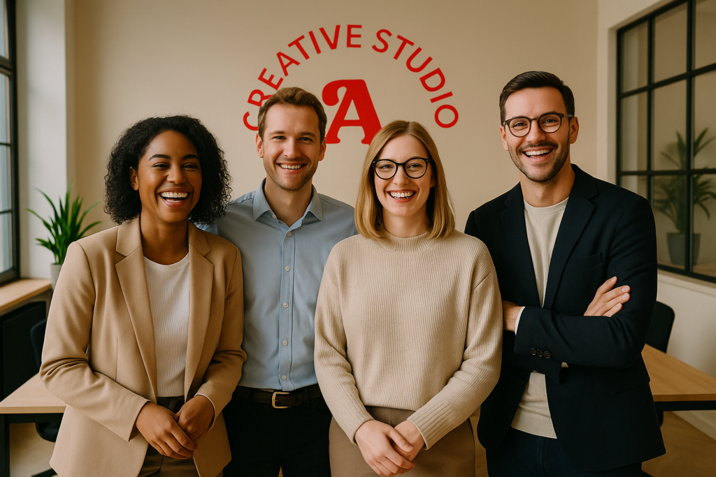 Productos personalizados para branding Equipo creativo sonriente en oficina con logotipo de marca al fondo, representando el impacto del branding y productos personalizados.