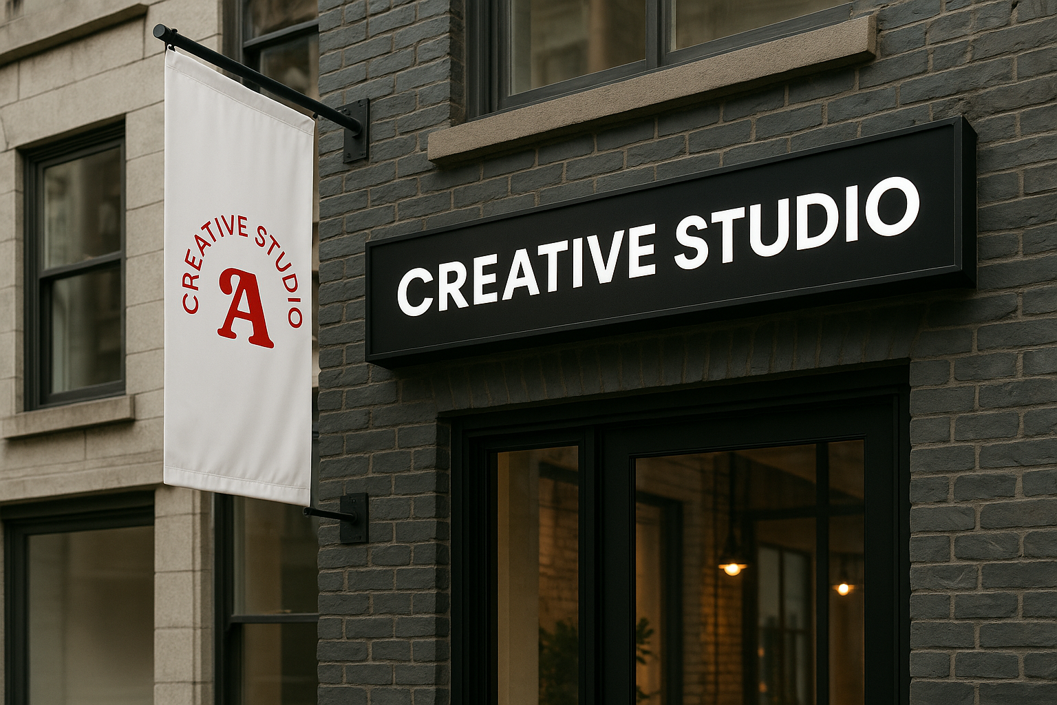 Fachada de agencia creativa con rótulo luminoso y banderola con logotipo, ideal para destacar el branding con productos personalizados.