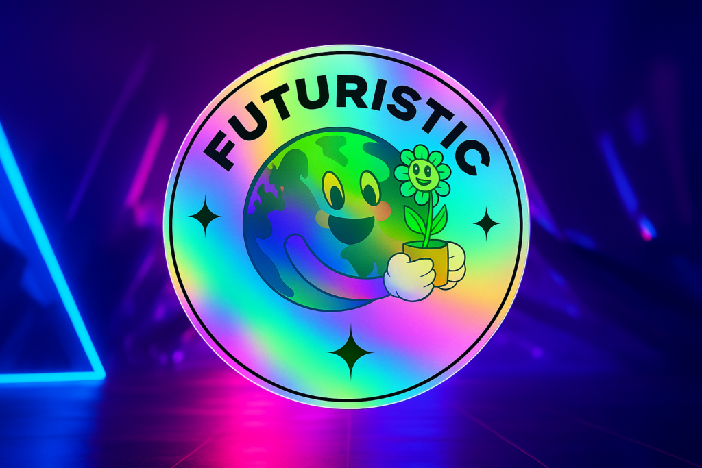 Pegatina holográfica personalizada Futuristic con ilustración de planeta sonriente y fondo neón con luces violetas