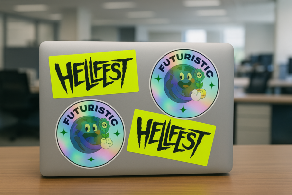 Laptop decorado con pegatinas personalizadas Hellfest y Futuristic sobre escritorio de oficina