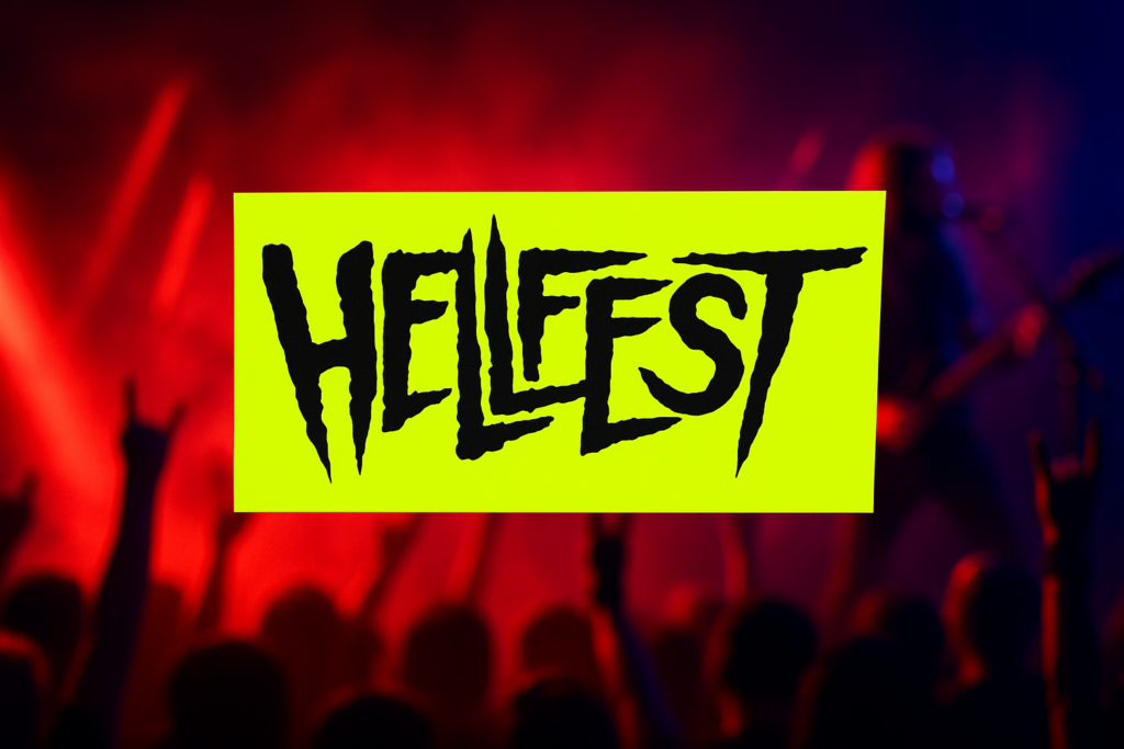 Pegatina fluorescente personalizada Hellfest sobre fondo de concierto con luces rojas y público levantando las manos