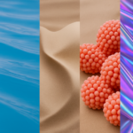 Imagen conceptual dividida en cinco secciones verticales que representan los colores tendencia del verano 2025: tonos cítricos (naranja, lima, amarillo), azules acuáticos, neutros cálidos como el beige, rosados sofisticados, y acabados futuristas con efecto holográfico.