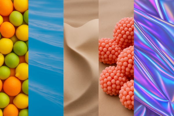 Imagen conceptual dividida en cinco secciones verticales que representan los colores tendencia del verano 2025: tonos cítricos (naranja, lima, amarillo), azules acuáticos, neutros cálidos como el beige, rosados sofisticados, y acabados futuristas con efecto holográfico.
