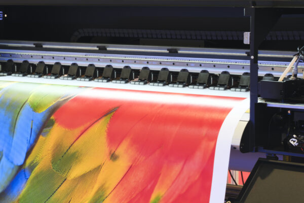 Impresora industrial de gran formato de imprenta online imprimiendo diseño con plumas coloridas en alta resolución
