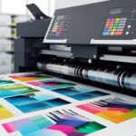 Prensa de impresión moderna imprimiendo composiciones gráficas multicolor en alta definición