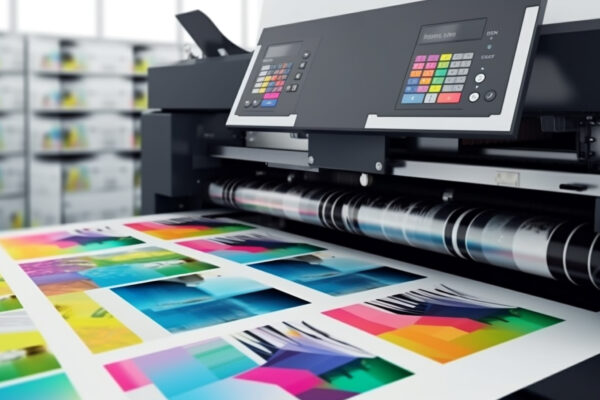 Prensa de impresión moderna imprimiendo composiciones gráficas multicolor en alta definición