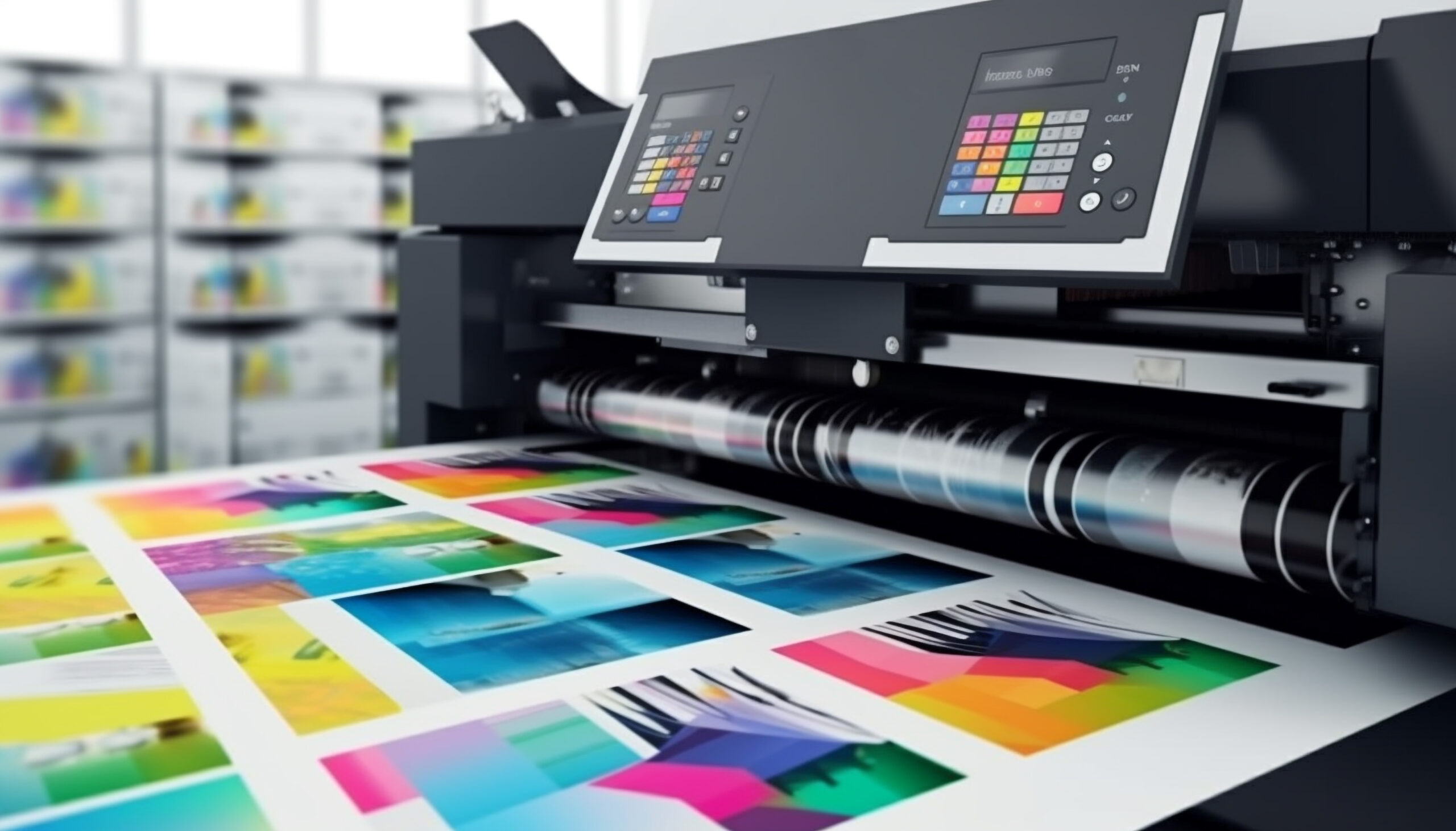Prensa de impresión moderna imprimiendo composiciones gráficas multicolor en alta definición