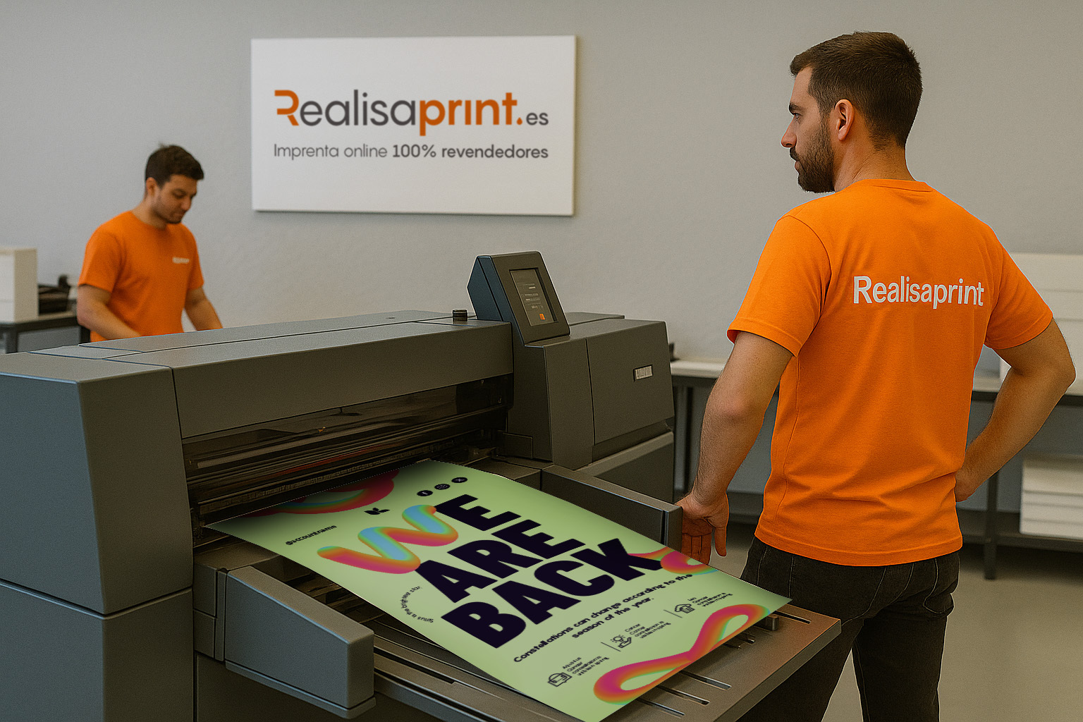 Trabajadores de Realisaprint.es supervisando la impresión de un cartel en una imprenta online profesional en España.