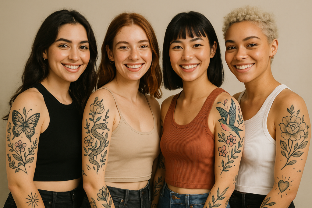 tatuajes-temporales-personalizados Cuatro mujeres jóvenes con tatuajes temporales a color de estilo floral, animal y geométrico en los brazos, posando y sonriendo.