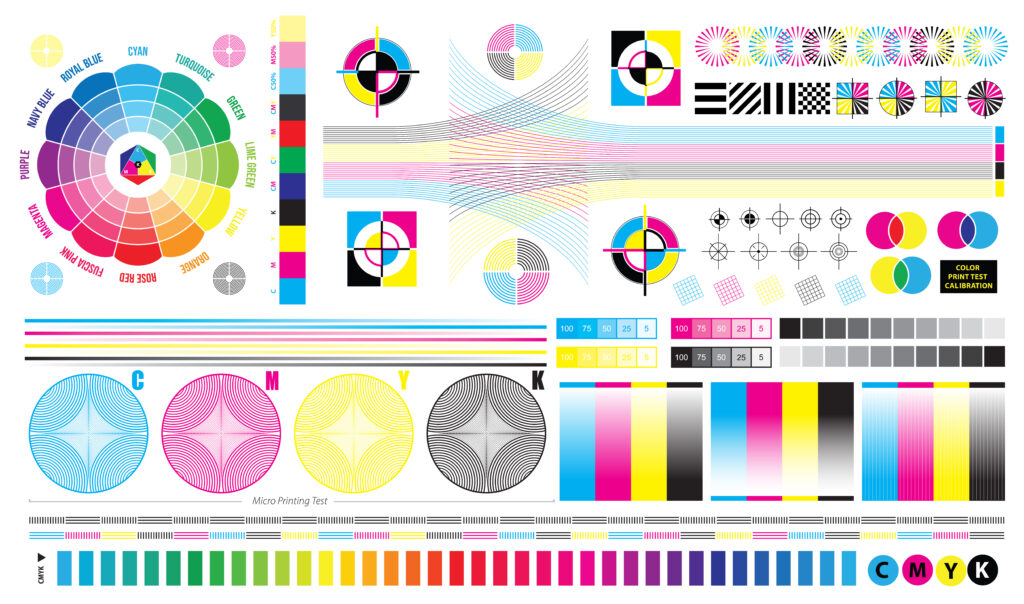 Gráfico de prueba de calibración de impresión CMYK que incluye varias pruebas de color y patrones, como círculos de color, gradientes, líneas finas y áreas de contraste. El gráfico también presenta una prueba de microimpresión, escalas de colores, y diferentes combinaciones de cyan, magenta, amarillo y negro.