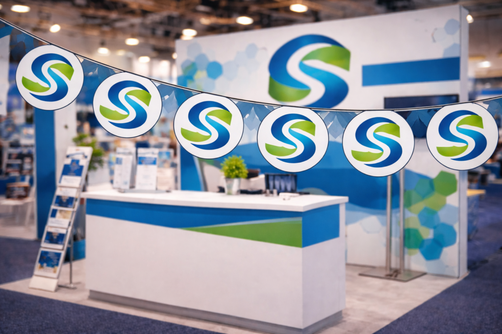 Guirnalda publicitaria personalizada con logotipos circulares en un stand corporativo de feria profesional.