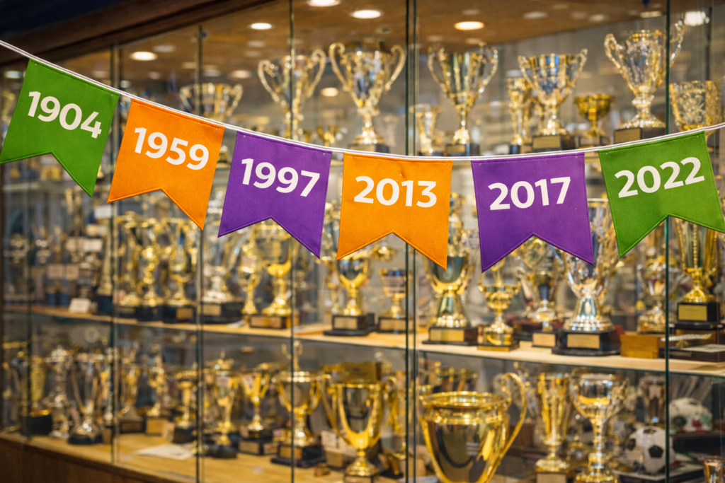 Guirnalda decorativa con banderines de colores que muestran años clave frente a una vitrina llena de trofeos.