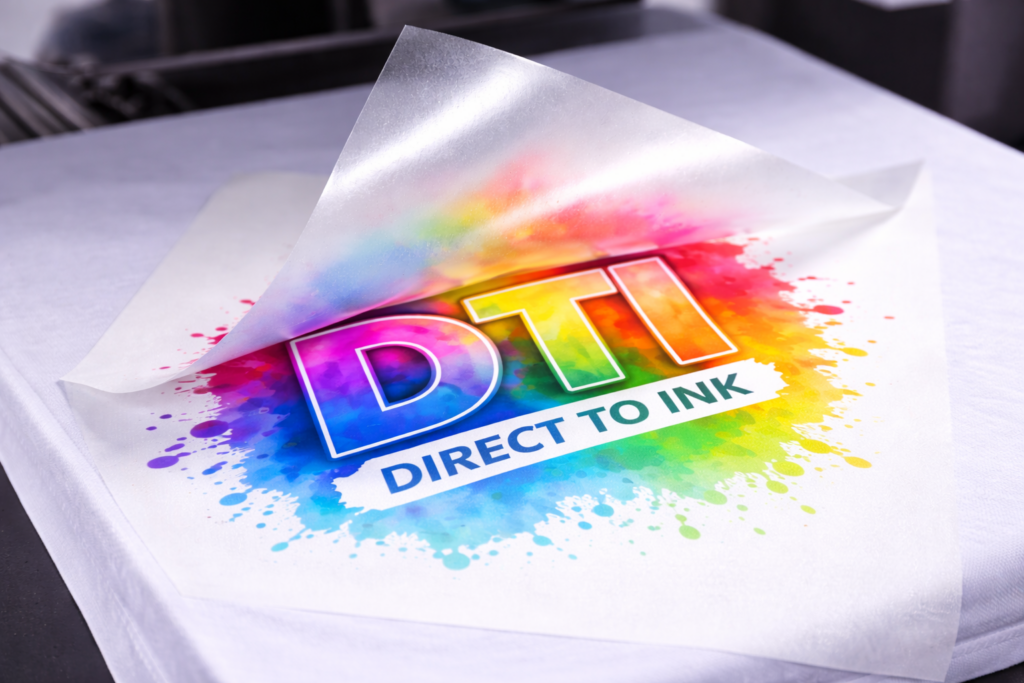 Impresión DTF con diseño multicolor y film transparente levantado sobre tejido textil.