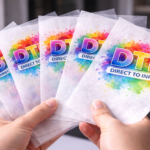 Manos sosteniendo varios transfers DTF con diseño multicolor y logotipo “Direct to Ink”.