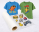 Camisetas personalizadas con ilustraciones coloridas y divertidas y rollo de transfer textil con diseños de comida, deporte y juegos.