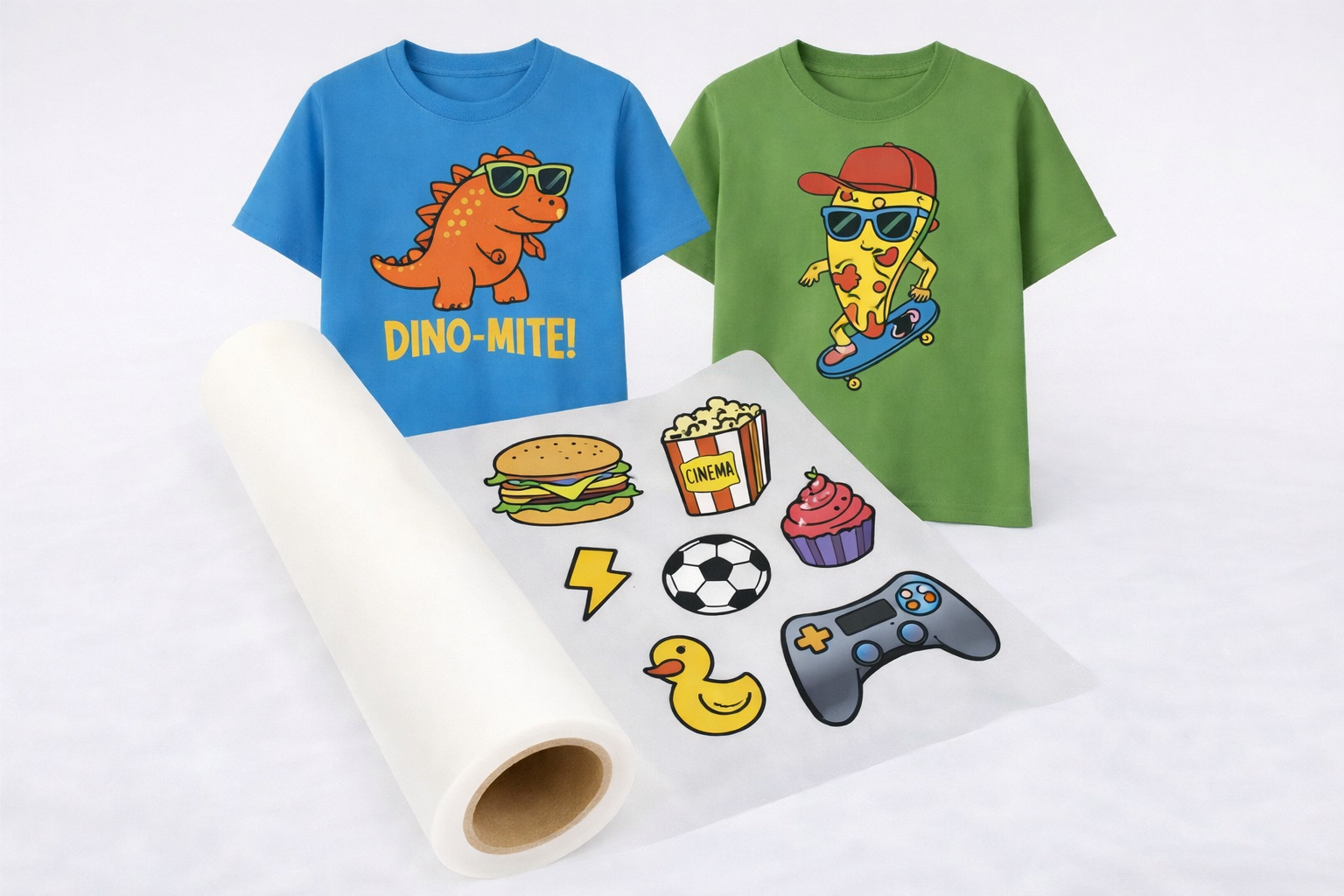 Camisetas personalizadas con ilustraciones coloridas y divertidas y rollo de transfer textil con diseños de comida, deporte y juegos.